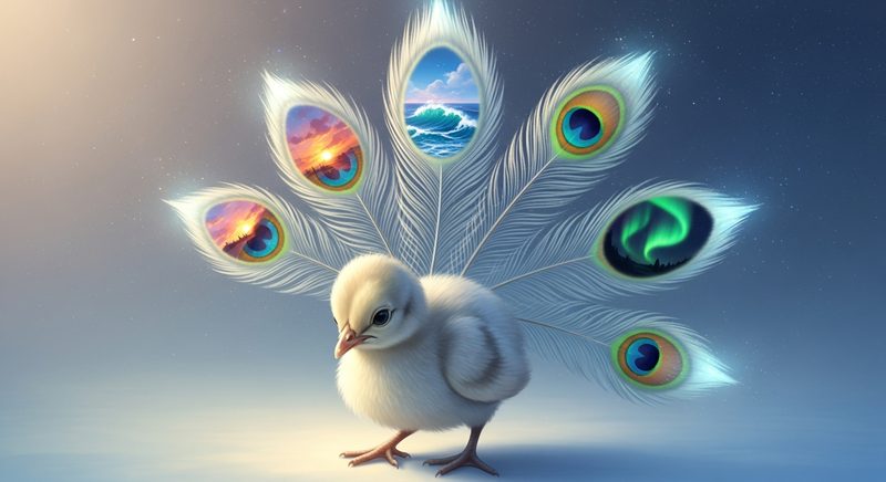AI illustration of a peacock with miniature scenes in its feathers