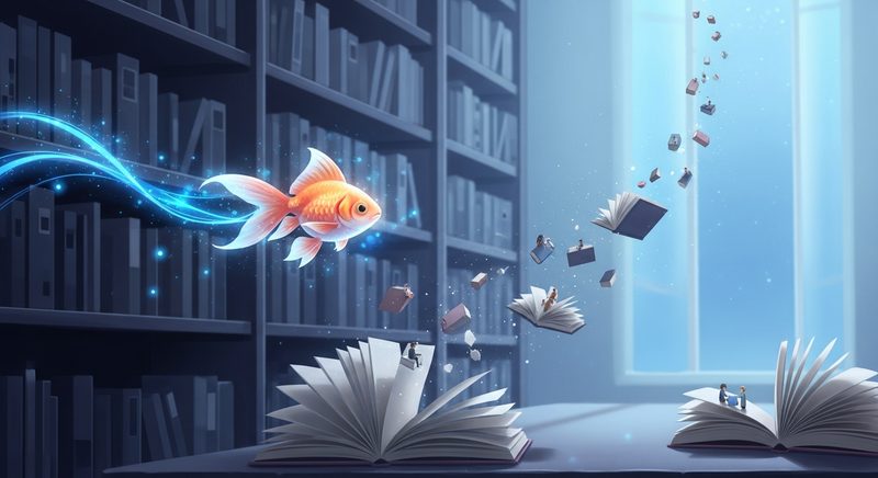 AI art of a goldfish swimming through a surreal library