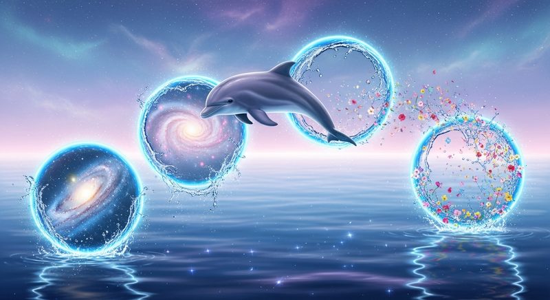 AI illustration of a dolphin leaping through rings of cosmic light