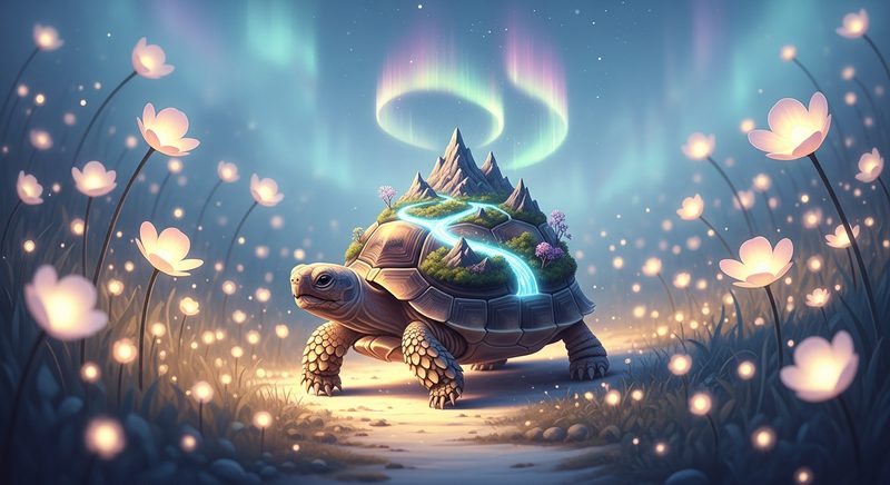 AI illustration of a tortoise carrying a miniature glowing world