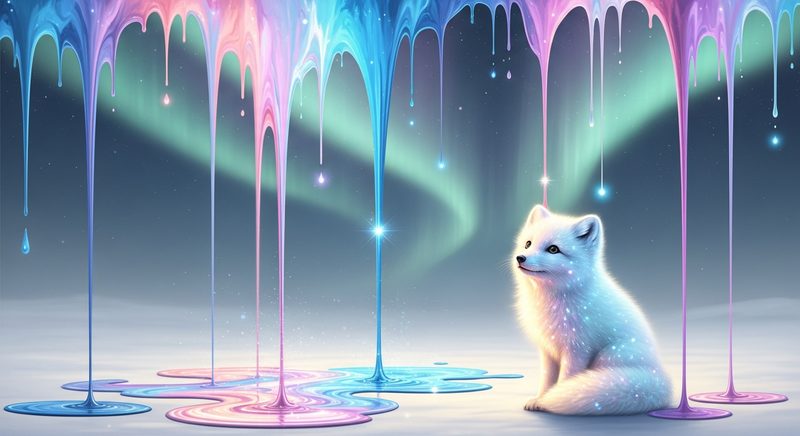 AI illustration of an arctic fox watching aurora drip like paint