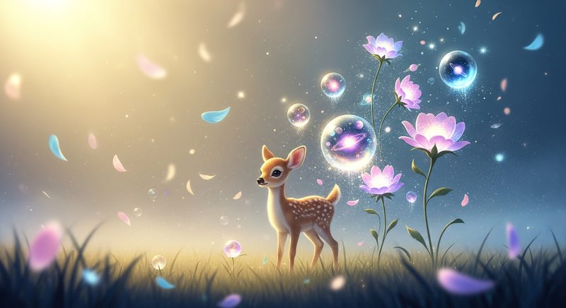 AI illustration of a baby deer in a magical meadow with light orbs