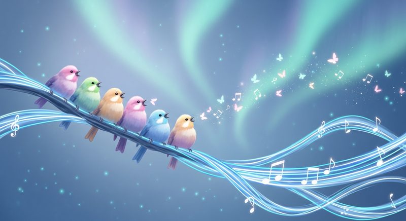 AI art of songbirds on ribbons of light creating aurora butterflies