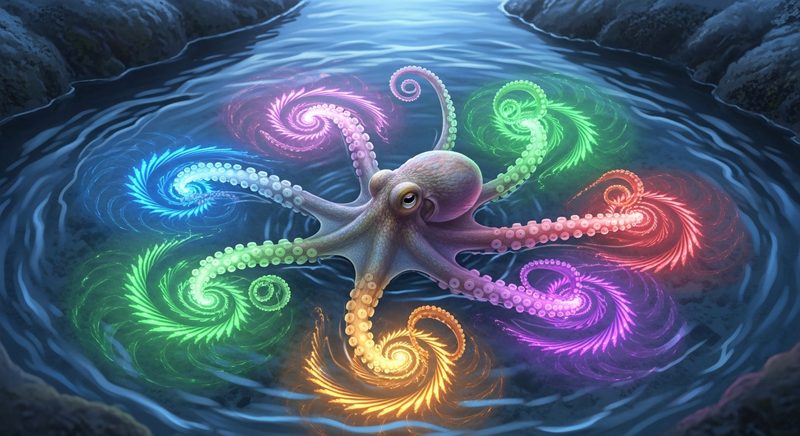AI illustration of an octopus creating liquid aurora colors