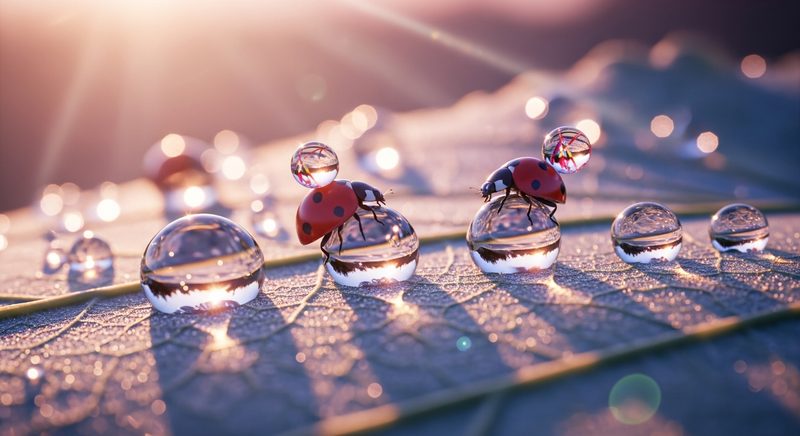 AI art of ladybugs carrying dewdrops containing tiny universes