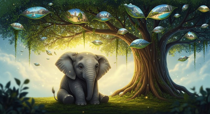 AI illustration of an elephant under a tree with animated leaves