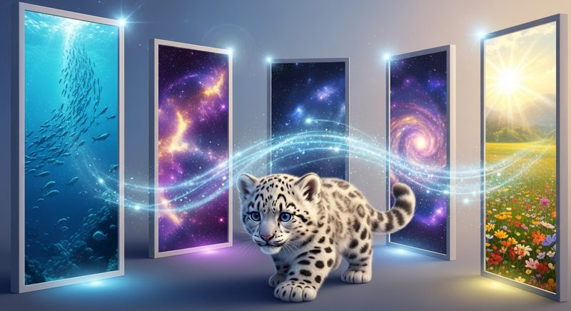 AI art of a snow leopard walking through dimensional doorways
