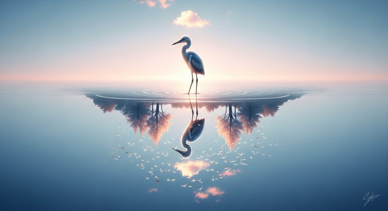AI illustration of a heron whose reflection comes alive