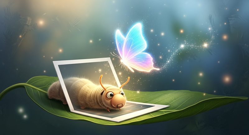 AI illustration of a caterpillar watching a photo butterfly come alive