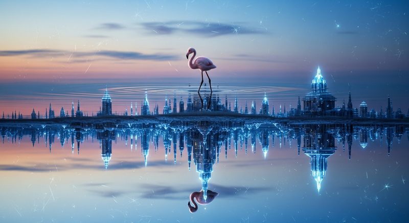 AI illustration of a flamingo with surreal crystal reflection