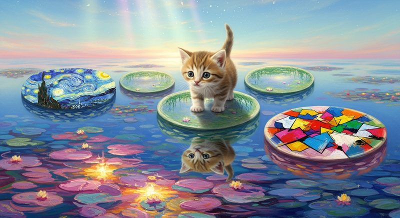 AI art of a kitten on lily pads made of famous paintings