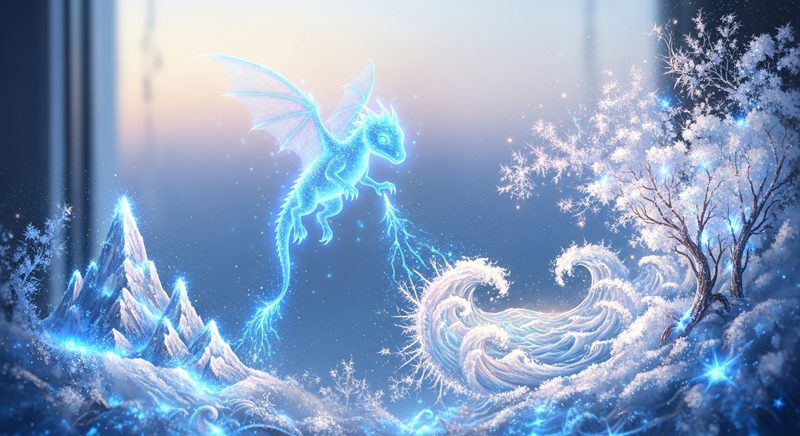 AI illustration of a tiny dragon creating frost landscapes