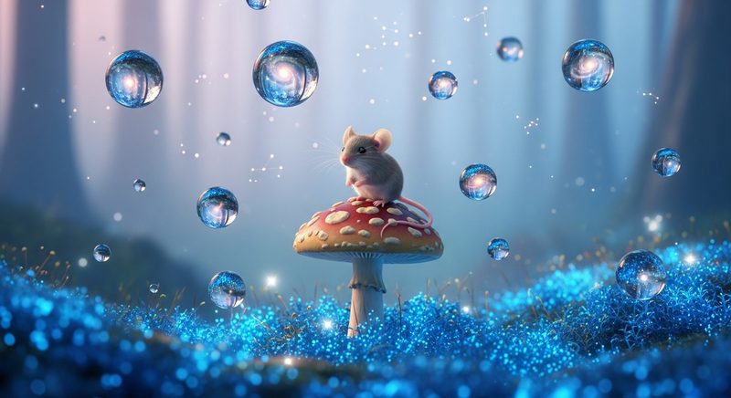 AI illustration of a mouse on a mushroom with universe dewdrops