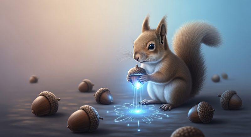 AI illustration of a squirrel with a glowing acorn