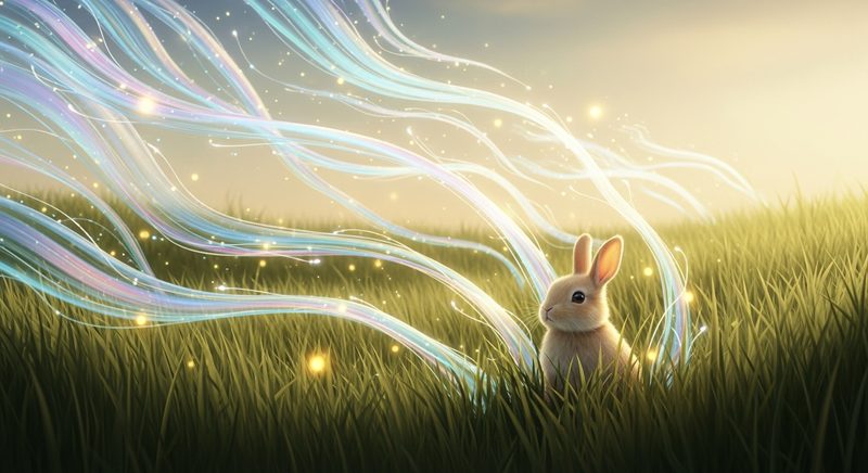 AI illustration of a rabbit in grass transforming into streams of light