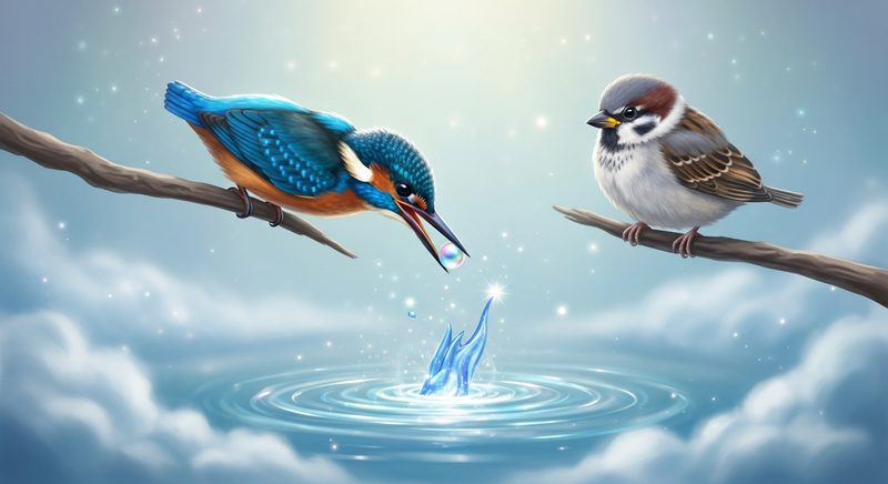 AI illustration comparing a blue kingfisher and gray sparrow