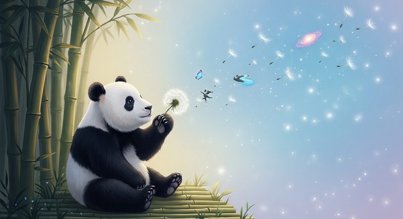 AI illustration of a panda blowing dandelion seeds into animated scenes