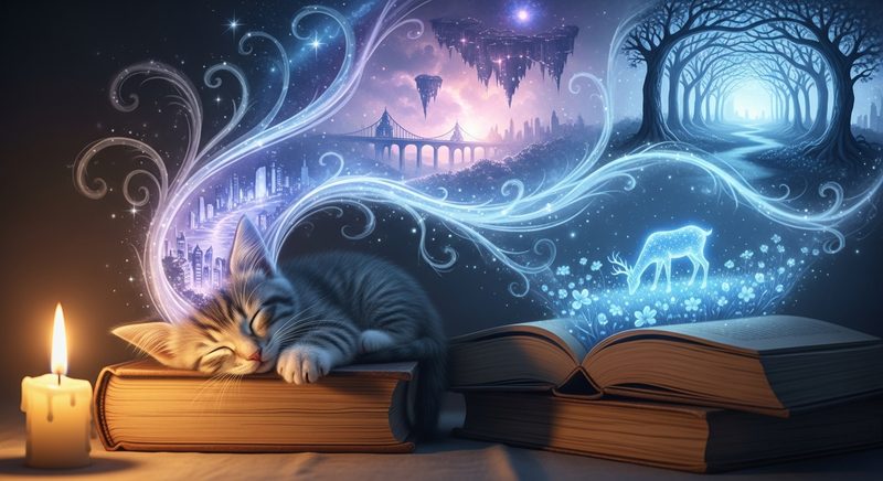 AI illustration of a sleeping cat with dreams rising from books