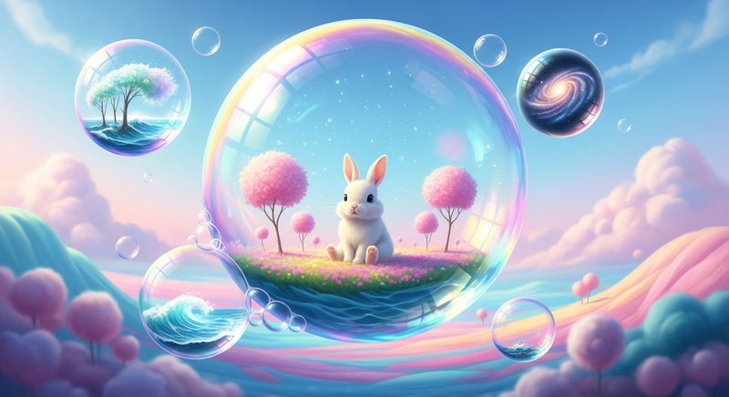 AI art of a bunny in a soap bubble over a fantasy landscape
