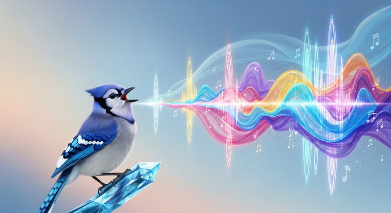 AI illustration of a blue jay whose song paints landscapes