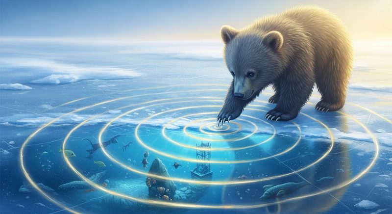AI illustration of a bear cub creating colorful ripples on ice