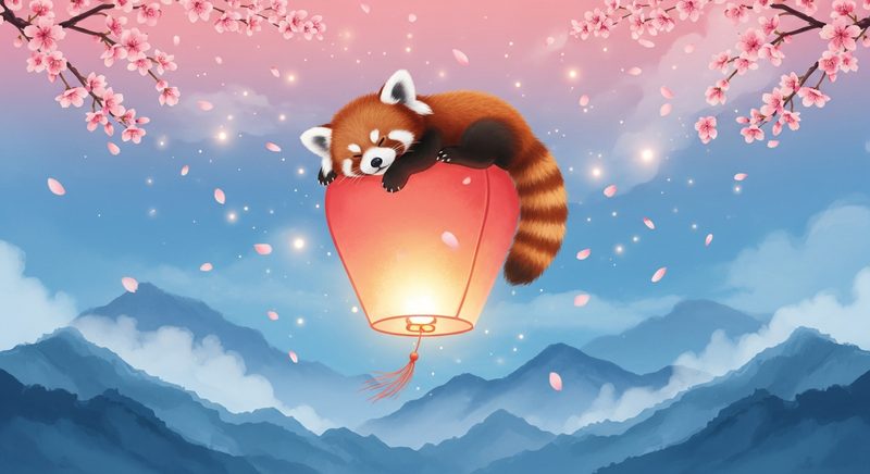 AI illustration of a red panda on a floating lantern with cherry blossoms