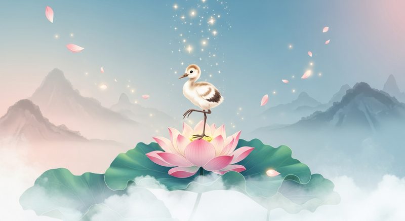 AI art of a crane on a lotus floating in clouds