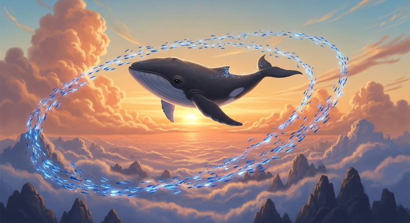AI illustration of a baby whale swimming through golden clouds